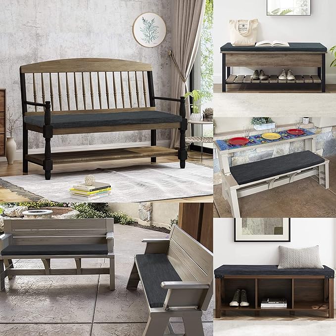 baibu 36 Inch Classic Solid Color Bench Cushion with Ties, Non-Slip Indoor Outdoor Rectangle Bench Seat Cushion Standard Size Foam Pad with Machine Washable Cover (Black, 36x15x1.5in)