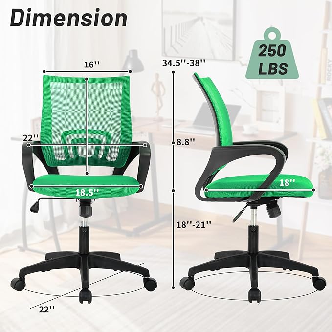 Office Chair,Mesh Computer Chair with Arm and Wide Comfortable Seat,Ergonomic Desk Chair with Lumbar Support,Work Chairs for Home Office,Adjustable Rolling Desk Chair,Green
