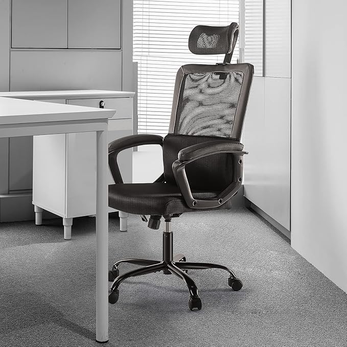 OLIXIS Ergonomic High Back Office Chair – Breathable Mesh with Adjustable Headrest and Lumbar Support, Executive Padded Armrest, Height Computer Task Swivel Rolling, Black (WY56597BK)