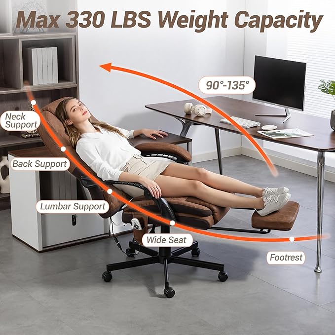 Massage Office Chair with Foot Rest, 6 Points Vibration Heating Executive Chairs Ergonomic Home Office Desk Chair with Reclining Backrest, Adjustable Arms and Lumbar Support, PU Leather, Brown