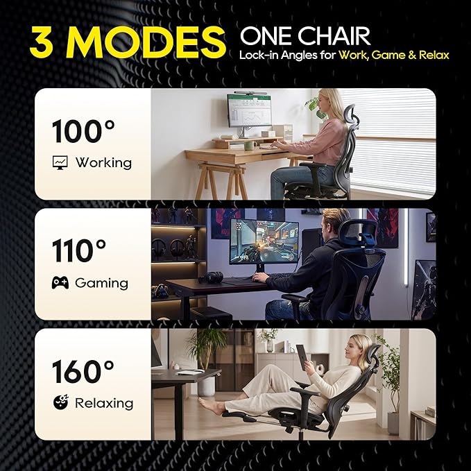 CYKOV Ergonomic Office Chair with Footrest - Adjustable Lumbar Support & Headrest, 90-160° Reclining Mesh Back Computer Chair - Home Office/Gaming, 350lbs Capacity (B-Black, Mesh)
