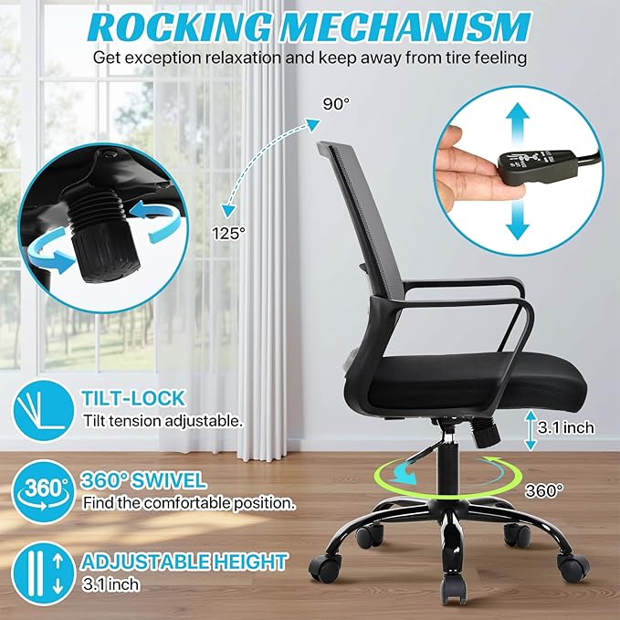 Ergonomic Office Chair, Breathable Mesh Desk Chair, Swivel Computer Chair with Wheels & Adjustable Height & Comfort Seat for Home Office, Gaming Room, Grey