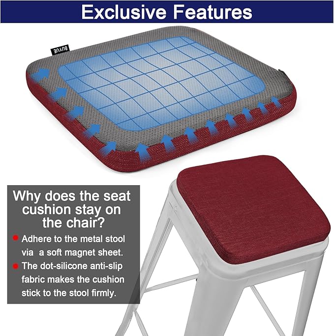 BUYUE Friendly Woven Fabric Magnetic Bar Stool Cushion 1 Piece, Enhanced Anti-Slip Breathable Small Chair Seat Pad for Café Bistro Stackable Metal Stool (Square, Red, 1)