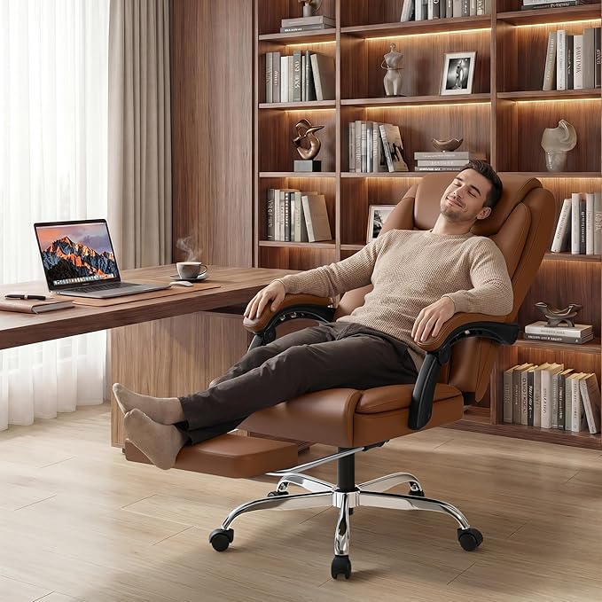 Shahoo Big and Tall Office Chair Height Adjustable Faux Leather Chair with Footrest and Lumbar Support, Ergonomic High Back Computer Chair with 360° Swivel Wheels Task Chairs for Office Home, Brown