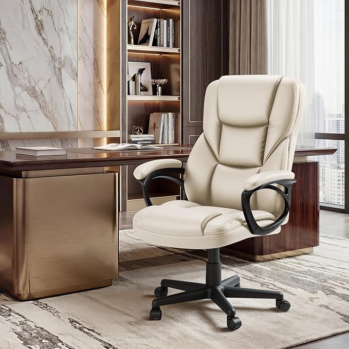 Shahoo Ergonomic Office Chair Executive Adjustable Desk Chair with Flip-up Armrests PU Leather Swivel Computer Chair for Home Office Gaming, Lumbar Support Space Saving 300lbs Capacity, Begie