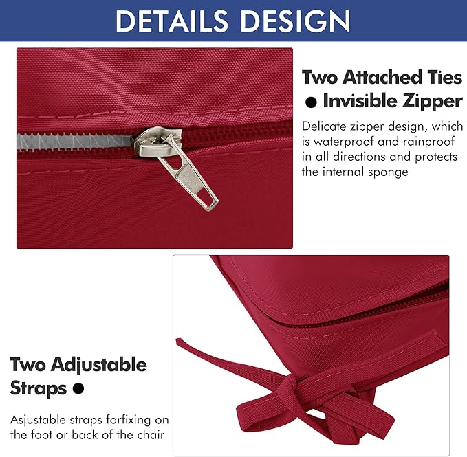 Outdoor Chair Cushions 22 x 22 Inch Water Resistant Patio Chair Cushions with Tie 3 Year Color Fastness Thick Outdoor Seat Cushion for Garden Lawn Patio Furniture Burgundy Red Set of 2