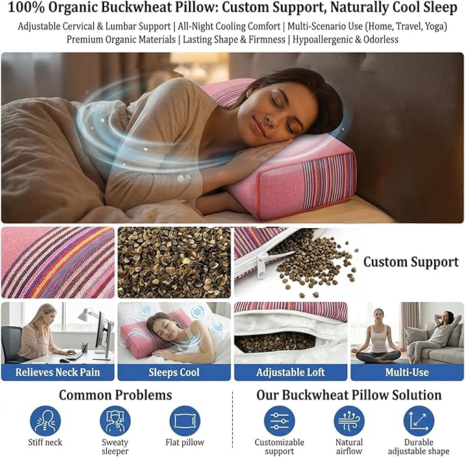 Buckwheat Pillow for Neck Pain Relief 21x8x4in Natural Cooling Cervical Support Adjustable Hull Pillow for Side and Back Sleepers with Night Sweats Organic Hypoallergenic (Light Red)