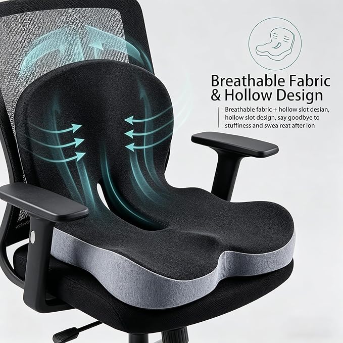 Orthopedic Cushion, Memory Foam Seat Cushion for Pressure Relief, Tailbone & Hip Support, Non-Slip Ergonomic Cushion for Long Sitting, Office Car Gaming Chair(A-Black Grey)