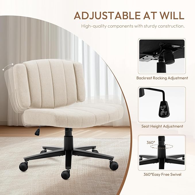 Vigosit Criss Cross Office Chair, Plush Oversized for Cross-Legged Sitting, Adjustable Arms & 360ยฐ Swivel Casters - for Home Office, Study, Gaming, Vanity, Comfortable Computer Chair(White)