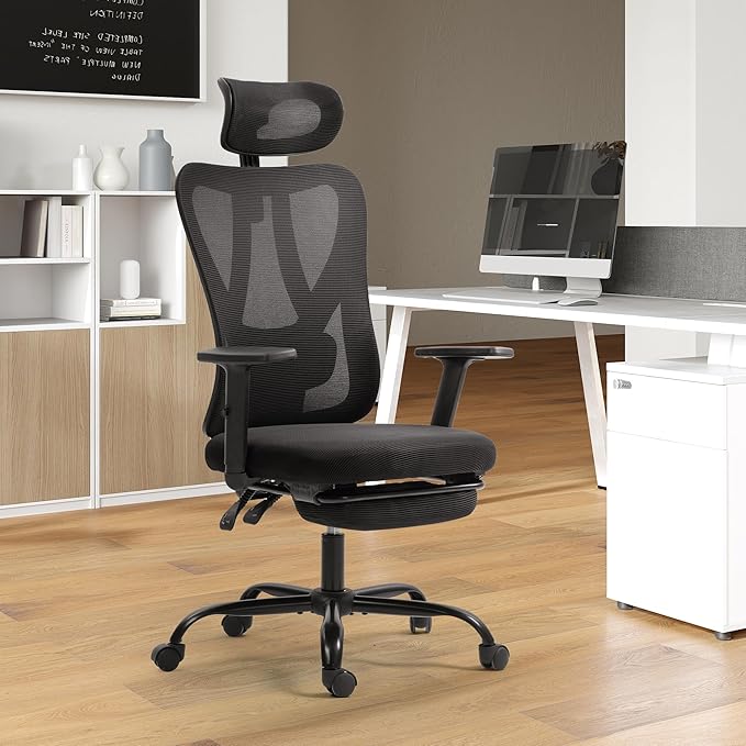 ECOTOUGE Office Computer Desk Chair, Ergonomic High-Back Mesh Work Chairs with Wheels and Adjustable Height, Comfortable Lumbar Support, Comfy Armrest for Home, Bedroom, Study, Black