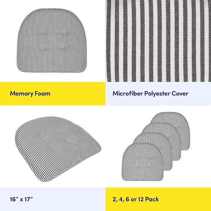 Sweet Home Collection Chair Cushion Memory Foam Pads Tufted Slip Non Skid Rubber Back U-Shaped 17" x 16" Seat Cover, 2 Count (Pack of 1), Pinstripe Charcoal