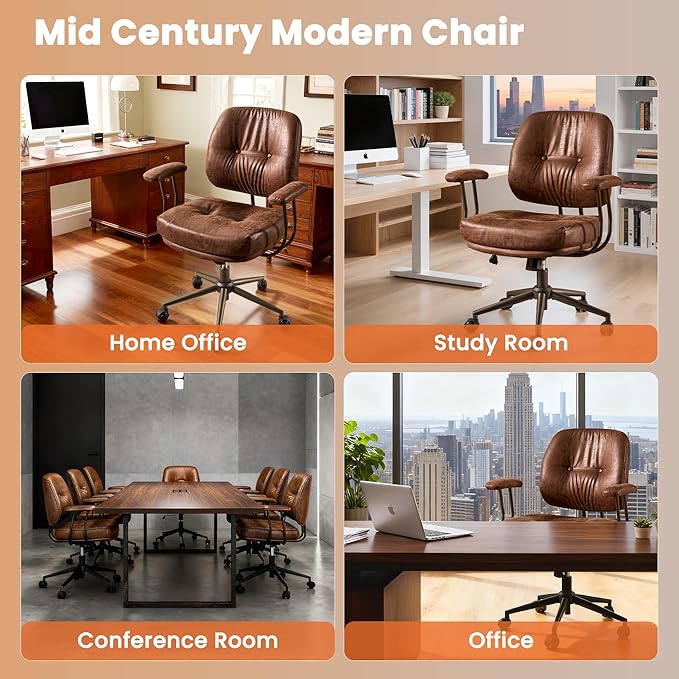 Brown Leather Home Office Chair, Mid Back Ergonomic Desk Chair with Lumbar Support, Mid Century Modern Deep Seat Swivel Rocking Computer Chair, Dark Brown Suede