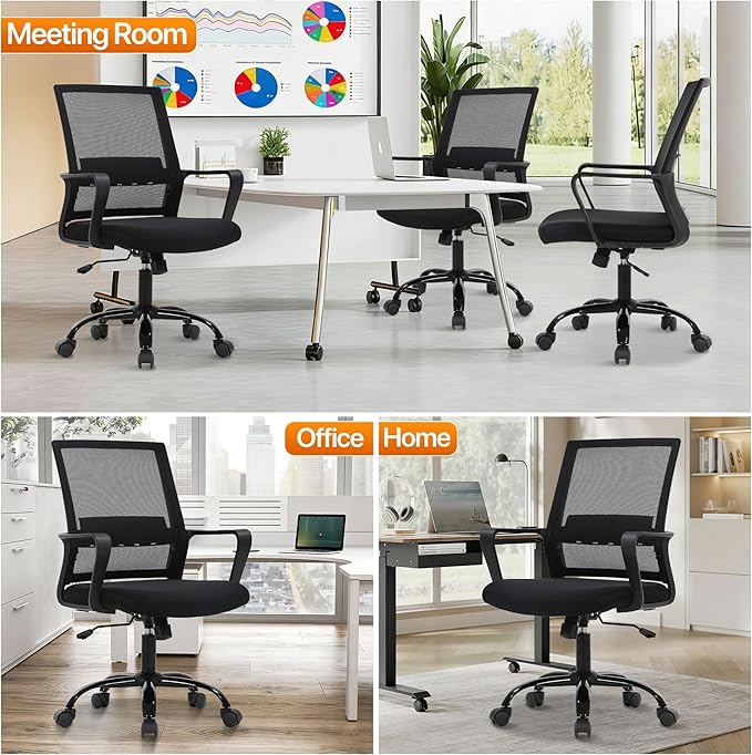 Ergonomic Office Chair, Comfortable Home Desk Chair, Breathable Mesh Back Computer Chair and Lumbar Support, Adjustable Height, Sponge Seat, Black
