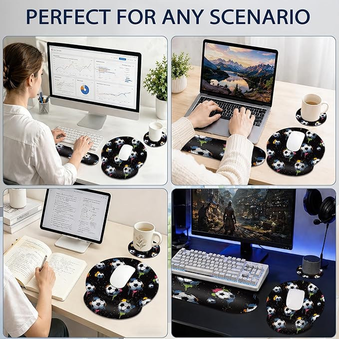 Soccer Keyboard Wrist Rest Pad Ergonomic Mouse Pad Set,3 in 1 Memory Foam Mouse Pad with Non Slip Base for Office and Home