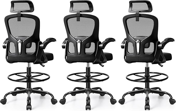 Drafting Chair, Tall Office Chair for Standing Desk, Ergonomic High Back with Headrest, Lumbar Support, Foot Ring and Flip-up Armrests, Black, Pack of 3