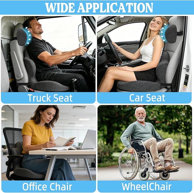 3-in-1 Memory Foam Seat Cushion & Headrest Pillow with Lumbar Support L-Shaped Ergonomic Driver Seat Cushions Design for Sciatica and Tailbone Pain Relief Comfort for Car, Truck,Office,Chair