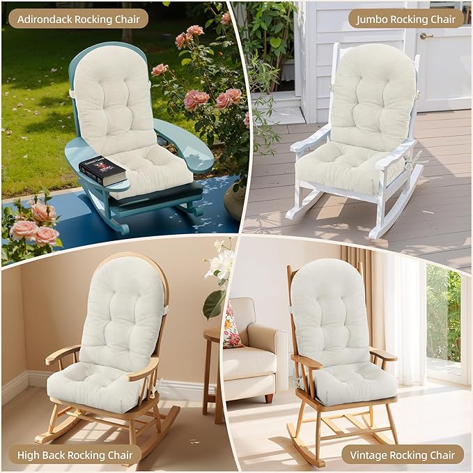 Rocking Chair Cushion - Plaid Corduroy Fabric, High-Density Sponge, Durable Comfort Non-Slip Bottom Tufted Seat Pads with Ties, Plaid Corduroy︱White, 44x19x4 inch