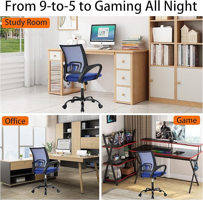 All-Day Comfort Office Chair - Breathable Mesh with Lumbar Support & Adjustable Height, Metal Base, Blue