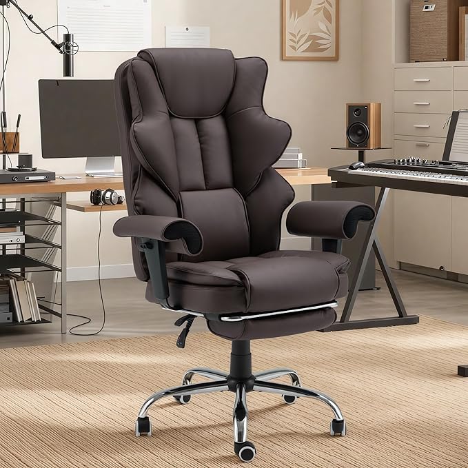 HOMREST Brown Ergonomic Office Chair with 6-Point Vibration Massage & Heat โ Reclining Executive Chair with Adjustable Footrest and Armrests, PU Leather Big and Tall Home Office Desk Chair