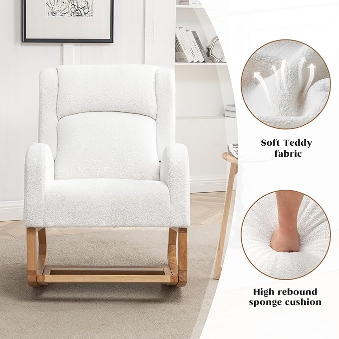 HCHAIRH Rocking Chair Nursery, Nursing Rocking Chairs for Mom Nursery, Comfy Wingback Glider Rocking Armchair with Foot Rest and Side Pocket for Nursery Living Room Bedroom, Teddy White