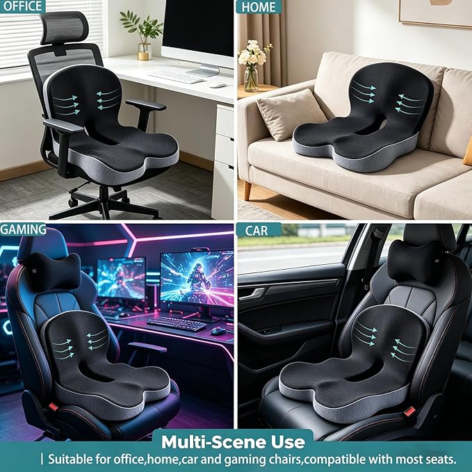 Orthopedic Cushion, Memory Foam Seat Cushion for Pressure Relief, Tailbone & Hip Support, Non-Slip Ergonomic Cushion for Long Sitting, Office Car Gaming Chair(Grey)