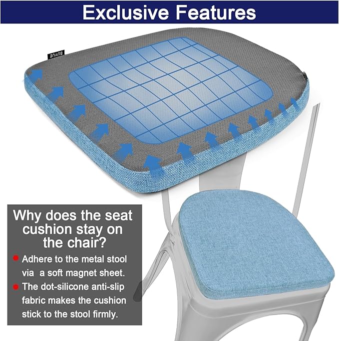 BUYUE Friendly Woven Fabric 14x14 Magnetic Cushion for Metal Chair 1 Piece, Enhanced Anti-Slip Seat Pad for Dining Kitchen Café Stackable Chair (U-Shape, Light Blue, 1 Count)