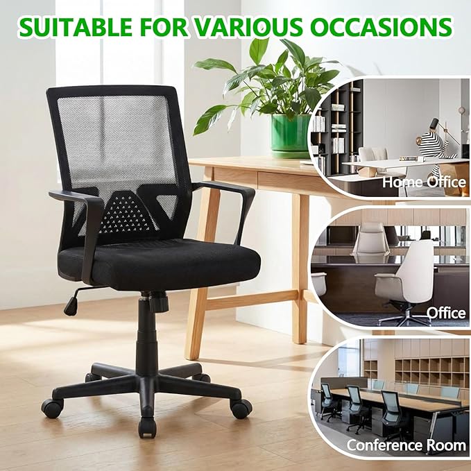 Mesh Office Chair, Breathable Mid-Back Ergonomic Work Chair with Lumbar Support & High-Density Foam Seat, Black Mesh Chair for Home & Office