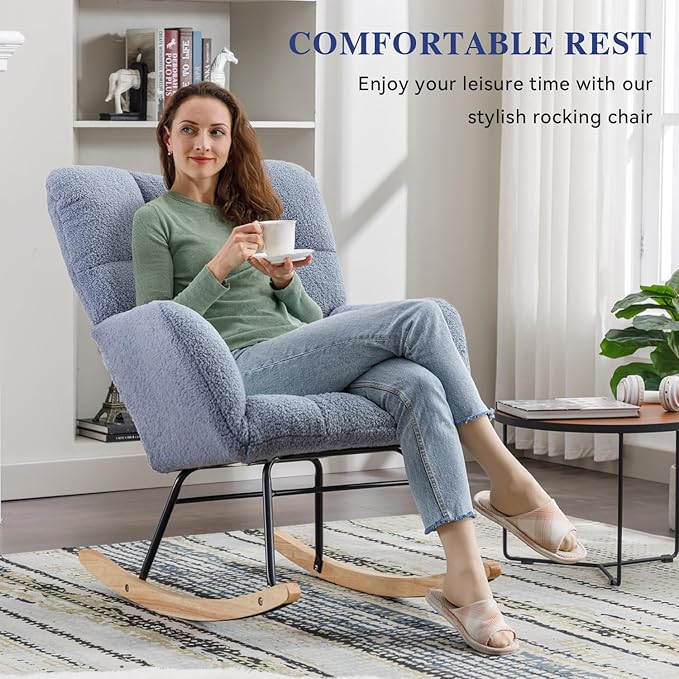 FOXHUNTER Rocking Chair Nursery Teddy Upholstered Glider Rocker High Backrest Nursery Rocker Comfortable Stylish Accent Armchair for Living Rooms Bedrooms Offices (Teddy Light Blue)