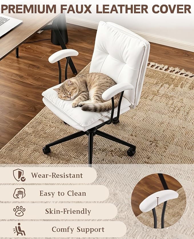 Karl home Faux Leather Office Chair with Removable Armrests, Adjustable Height & 360° Swivel, Tufted Thick Cushion Computer Desk Chair with Lumbar Support for Living Room, Vanity, White