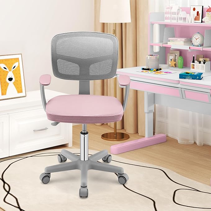 Giantex Kids Desk Chair, Ergonomic Adjustable Teen Task Chair w/Y-Shaped Lumbar Support, Armrest & Universal Wheels, Mesh Kid Office Chair for Sturdy, Kids Computer Chair for Boys & Girls 4-12, Pink