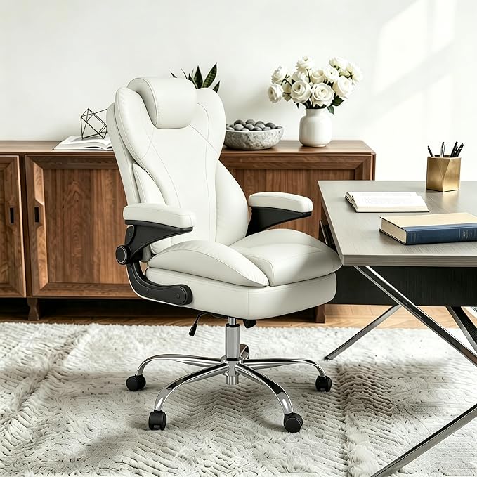 Office Desk Chair, Executive Leather Office Chair, High Back Ergonomic Home Desk Chair with Padded Flip-up Arms, Big and Tall Computer Chair with Rocking Function, 360°Swivel Free, White