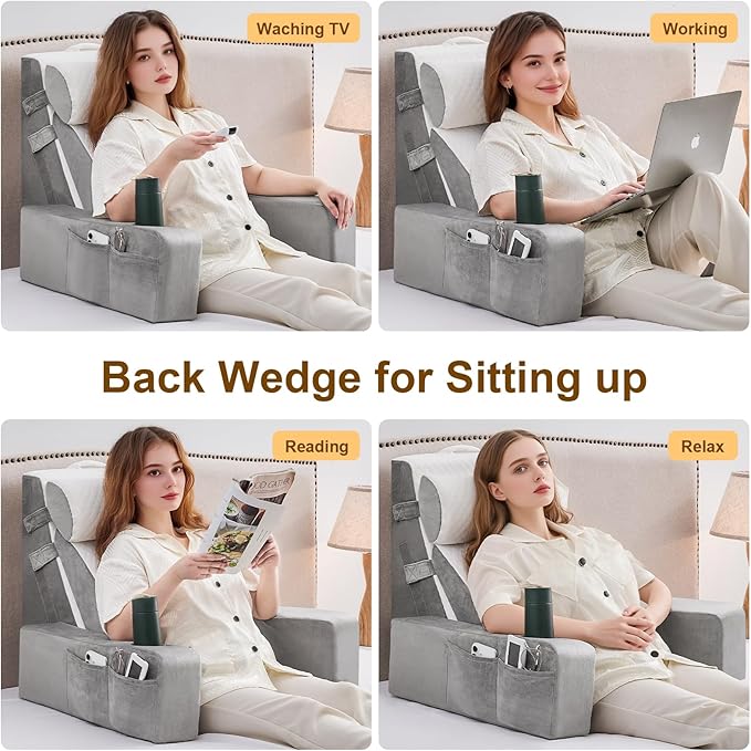 Reading Pillow for Sitting in Bed Adult, Back Pillow for Bed Sitting up with Arms, Pockets and Cup holder, Sit Up Backrest Pillows for Beds Chair Support, Rest Pillow for Gaming (Light gray, 5PCS)