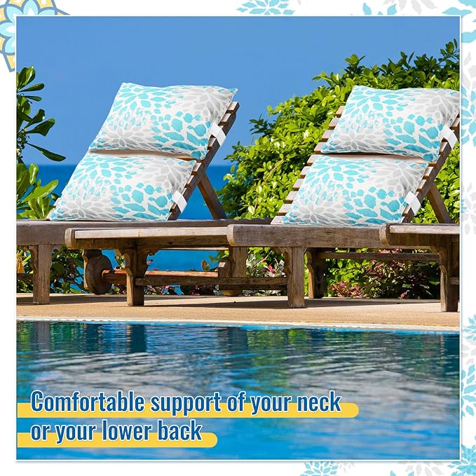 Juexica 2 Pack Chaise Lounge Pillow with Strap Outdoor Waterproof Beach Chair Neck Headrest Pillow Adjustable Elastic Band for Hammock Lumbar Recliner Pillows for Patio Pool Chair(Advanced Style)