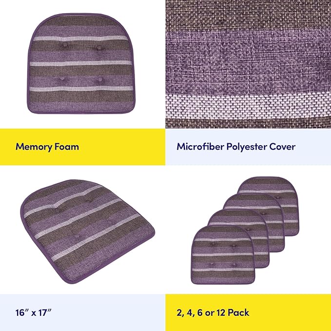 Sweet Home Collection Chair Cushion Memory Foam Pads Tufted Slip Non Skid Rubber Back U-Shaped 17" x 16" Seat Cover, 12 Count (Pack of 1), Bradford Purple