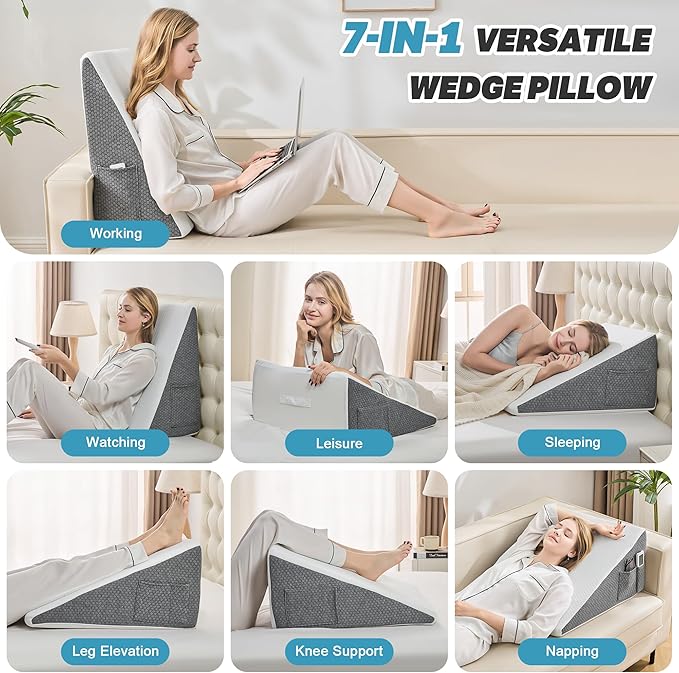 Yojoker Wedge Pillow for Sleeping - Bed Wedge for Headboard Triangle Pillow, Memory Foam Wedges for Acid Reflux, GERD, Snoring, Post Surgery Back Pain Relief, Leg Elevation(White Grey, 24*24*7.5 inch)
