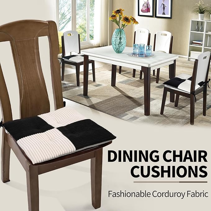 Office Stacking Chair Cushion with Ties, Corduroy High Density Foam Non-Slip Kitchen Seat Cushion, Square 17" x 17" Indoor Dining Chair Pads, Black+ White, 1 PCS