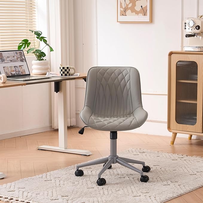 YOUNIKE Grey Faux Leather Ergonomic Office Chair Armless Comfy Desk Chair with Rocking Back Cute Swivel Vanity Chair with Wheels Height Adjustable Small Computer Task Chair for Sewing Drafting