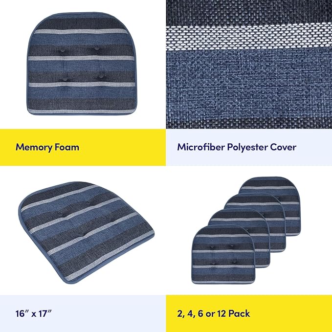 Sweet Home Collection Chair Cushion Memory Foam Pads Tufted Slip Non Skid Rubber Back U-Shaped 17" x 16" Seat Cover, 2 Count (Pack of 1), Bradford Steel Blue