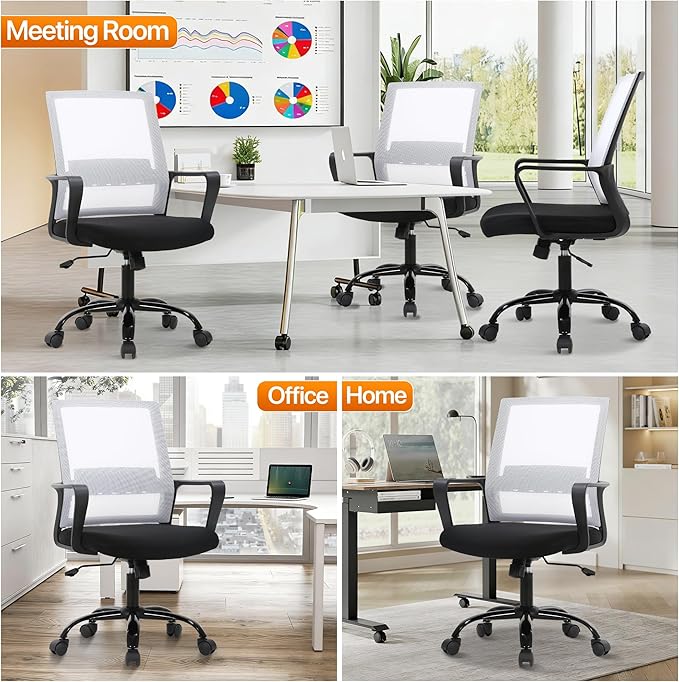 Ergonomic Office Chair, Comfortable Home Desk Chair, Breathable Mesh Back Computer Chair and Lumbar Support, Adjustable Height, Sponge Seat, White