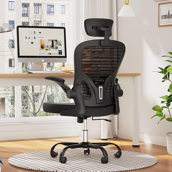 Ergonomic Office Chair, 300lbs High Back Breathable Mesh Desk Chair with Lumbar Support, Comfy Gaming Chair with Headrest and Flip-Up Arms, 360° Swivel Computer Task Chair for Home Office, Black
