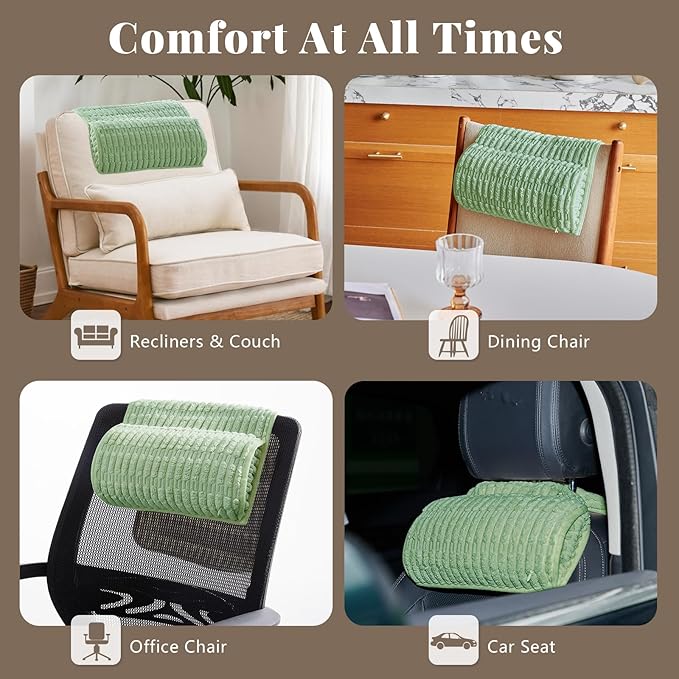 Headrest and Support Pillow,Recliner Pillow for Neck, Head, or Foot for Office or Massage Chairs, Neck Pain Relief and Cervical Support. Nonslip, Zipped Cover. (Green, 5.5" Wx13 Lx3 H)