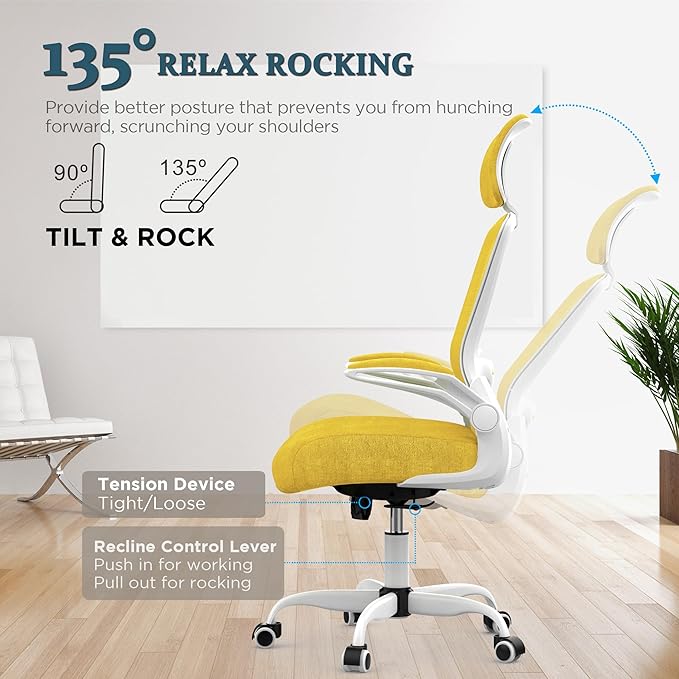 Mimoglad Office Chair, High Back Ergonomic Desk Chair with Adjustable Lumbar Support and Headrest, with flip-up Armrests for Guitar Playing, 5 Years Warranty (Modern, Golden Light)
