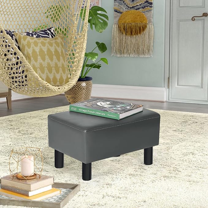 Joveco Small Footstool Ottoman Faux Leather Footrest Modern Rectangular Foot Stools for Living Room Bedroom (Grey)