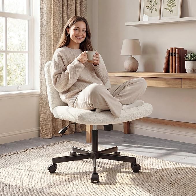 Orange Factory Criss Cross Chair Wheels Vanity Chair Office Desk Comfy Wide Cross Legged Armless Teddy Fabric Adjustable Swivel for Home Computer Task (White, Teddy Fleece)
