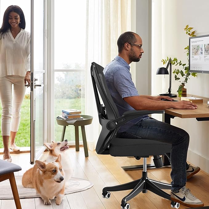 350 LBS Ergonomic Office Computer Mesh Chair - Adjustable Height Rolling Desk Chair with Flip-Up Armrests & High Back Support - Comfortable Swivel Task Chair for Home Office (02BLACK)
