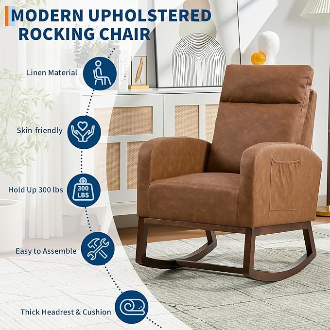 Nursery Rocking Chair, Comfy Modern Glider Rocking Chair with High Backrest and Armrest, Teddy Upholstered Rocking Accent Chair with Side Pockets for Living Room, Bedroom, Office,Brown