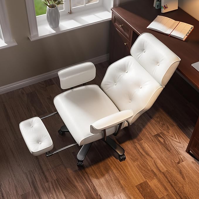 SeekFancy Criss Cross Chair with Wheels and Arms, Reclining Office Chair with Footrest and Wide Seat, Leather Big and Tall Desk Chair 400LBS, Button Tufted Vintage Design, White