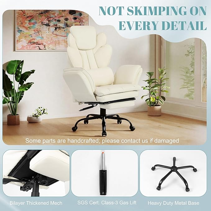 Big and Tall Office Chair, Flip Armrests Criss Cross Office Chair, Reclining Desk Chair with Foot Rest, Adjustable Headrest, Massage Waist Pillow Cross Legged Wide Seat Vanity Chair, PU Leather White