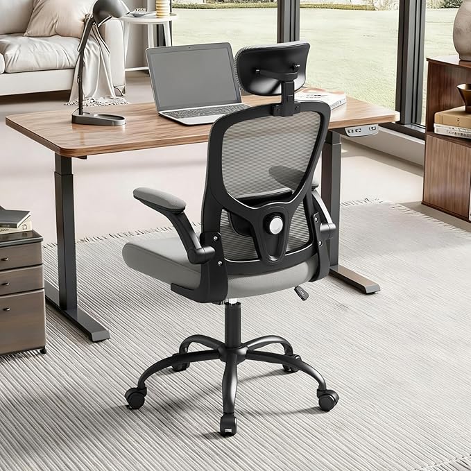 Ergonomic Office Chair - Adjustable Lumbar Support and Headrest, High Back Desk Chair with Flip-Up Arms for Home Office, 90-120° Tilt & Swivel Rolling Task Chair (Grey6076)
