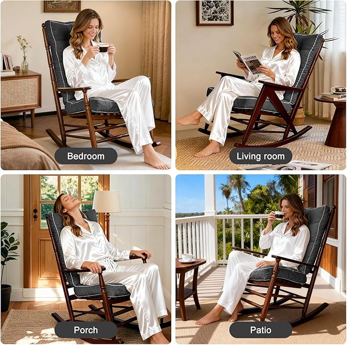 YZ HOME Rocking Chair Cushion, Set of Thicken Seat & Back Chair Cushions with Memory Foam, Non-Slip Chair Pad with Ties for for Indoor&Outdoor Rocker, Dark Grey, 22x17x5/17x17x5